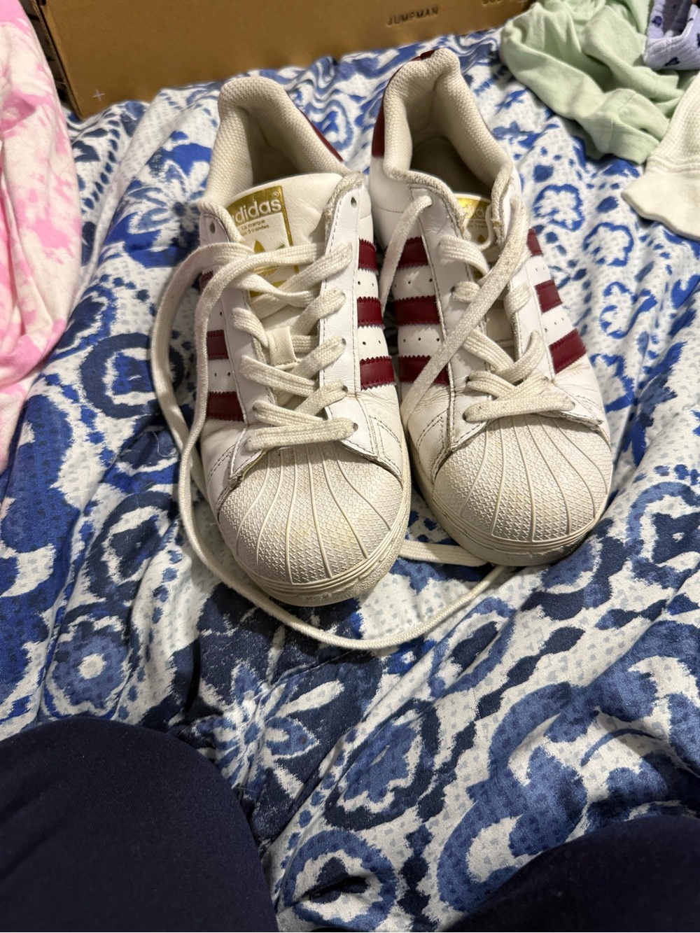 adidas Kids Shell Toe Sneakers in White with Maroon Stripes